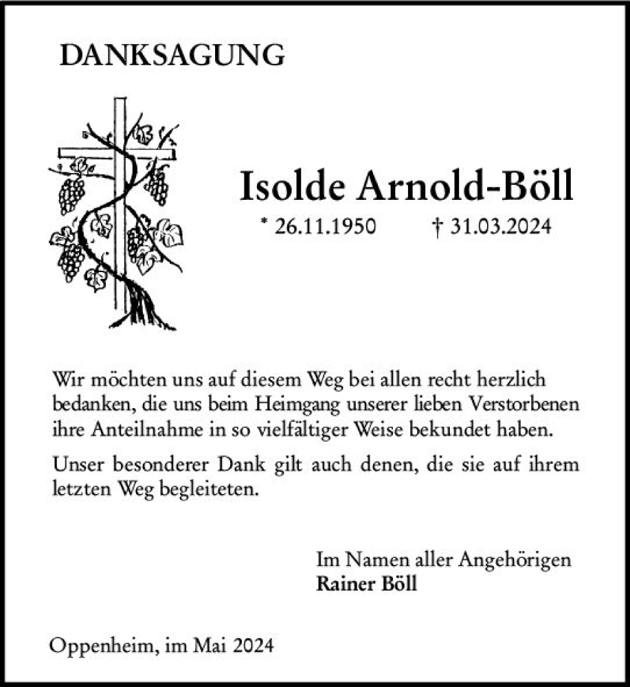  Traueranzeige für Isolde Arnold-Böll vom 04.05.2024 aus Allgemeine Zeitung Mainz