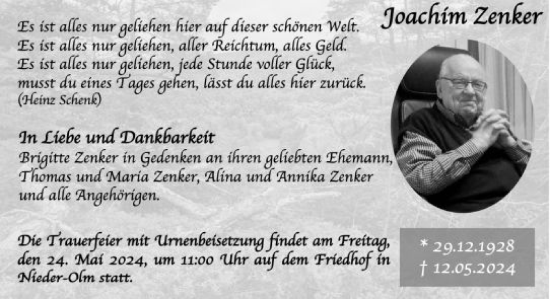 Traueranzeige von Joachim Zenker von Wiesbadener Kurier