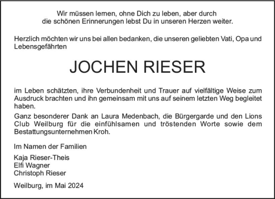 Traueranzeige von Jochen Rieser von Weilburger Tageblatt
