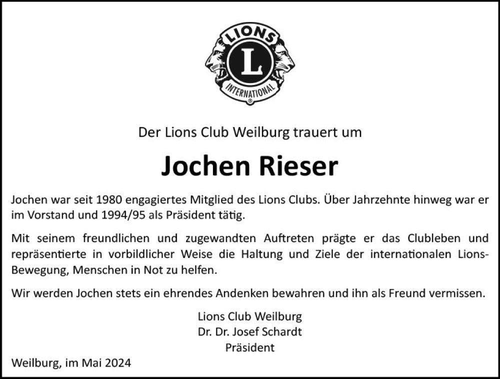  Traueranzeige für Jochen Rieser vom 24.05.2024 aus Weilburger Tageblatt