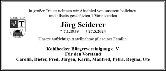 Traueranzeige von Jörg Seiderer von Wiesbadener Kurier