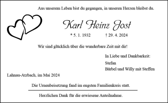 Traueranzeige von Karl Heinz Jost von Wetzlarer Neue Zeitung