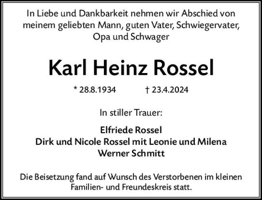  Traueranzeige für Karl Heinz Rossel vom 18.05.2024 aus Wiesbadener Kurier