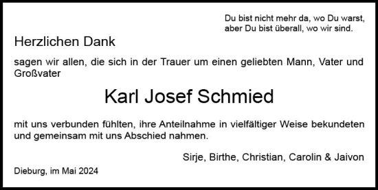 Traueranzeige von Karl Josef Schmied von Dieburger Anzeiger/Groß-Zimmerner Lokal-Anzeiger