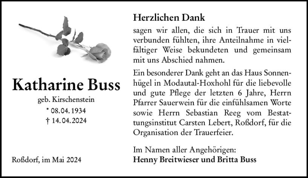  Traueranzeige für Katharine Buss vom 25.05.2024 aus Darmstädter Echo