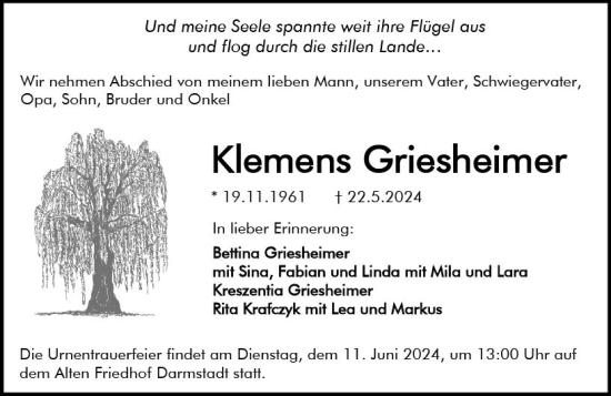 Traueranzeige von Klemens Griesheimer von Darmstädter Echo