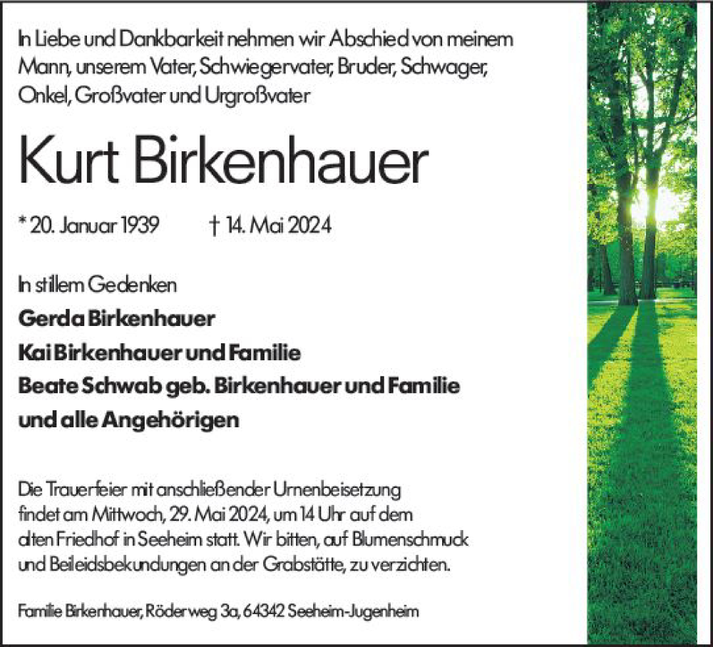  Traueranzeige für Kurt Birkenhauer vom 25.05.2024 aus Darmstädter Echo