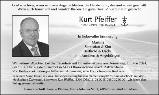 Traueranzeige von Kurt Pfeiffer von Odenwälder Echo