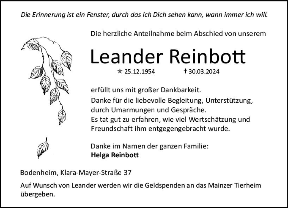  Traueranzeige für Leander Reinbott vom 11.05.2024 aus Allgemeine Zeitung Mainz