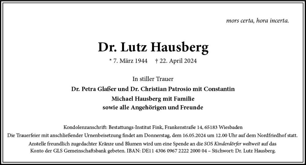  Traueranzeige für Lutz Hausberg vom 04.05.2024 aus Wiesbadener Kurier