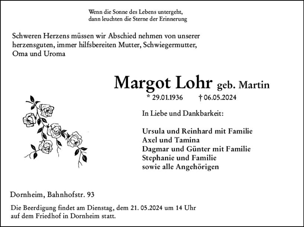  Traueranzeige für Margot Lohr vom 18.05.2024 aus Groß-Gerauer Echo
