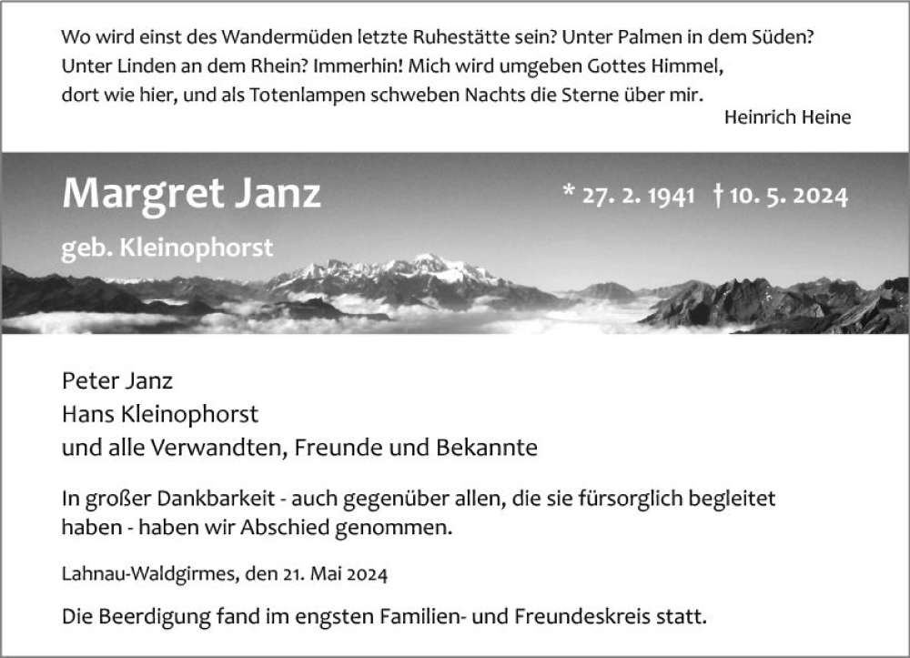  Traueranzeige für Margret  Janz vom 21.05.2024 aus Wetzlarer Neue Zeitung