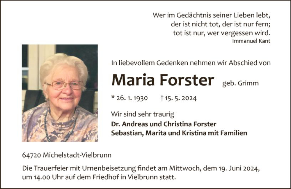  Traueranzeige für Maria Forster vom 25.05.2024 aus Odenwälder Echo