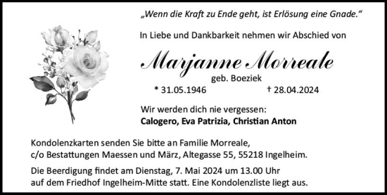 Traueranzeige von Marjanne Morreale von Allgemeine Zeitung Bingen/Ingelheim