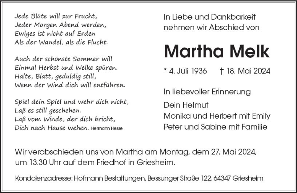  Traueranzeige für Martha Melk vom 25.05.2024 aus Darmstädter Echo