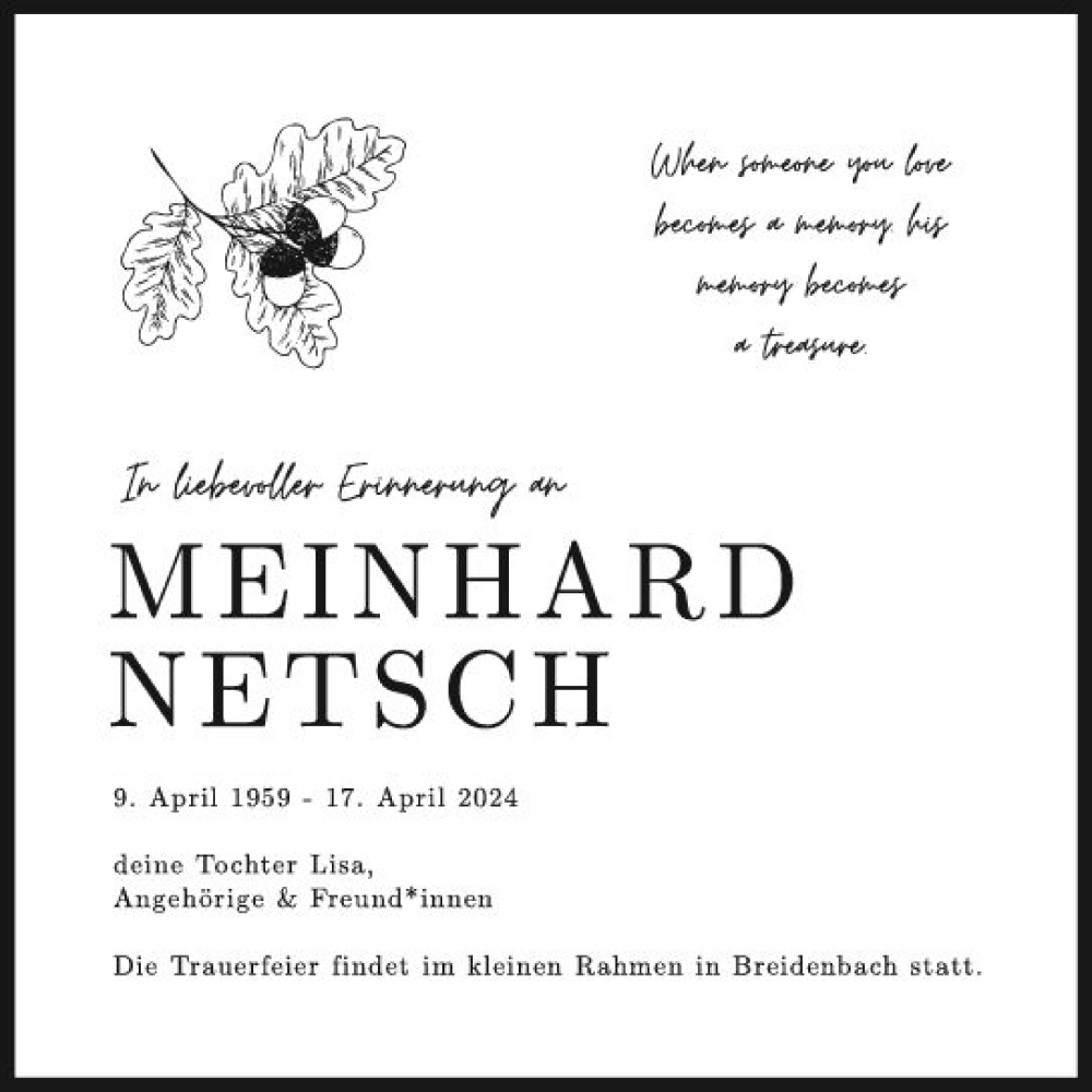  Traueranzeige für Meinhard Netsch vom 18.05.2024 aus Hinterländer Anzeiger