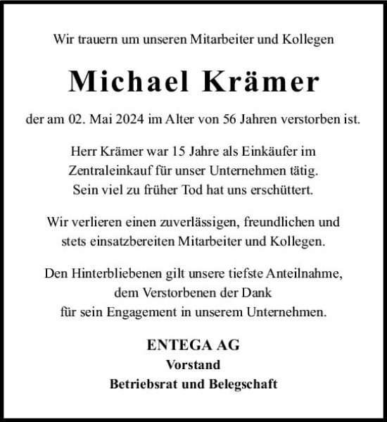 Traueranzeige von Michael Krämer von Odenwälder Echo