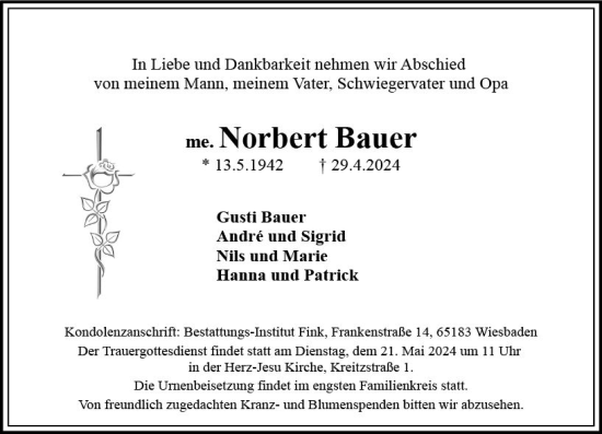Traueranzeige von Norbert Bauer von Wiesbadener Kurier
