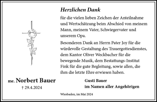 Traueranzeige von Norbert Bauer von Wiesbadener Kurier