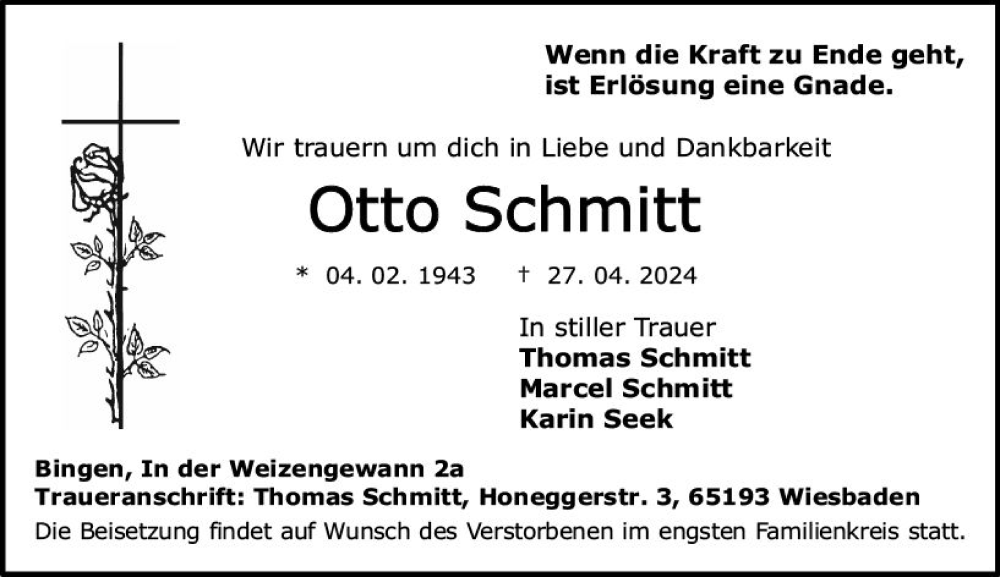  Traueranzeige für Otto Schmitt vom 04.05.2024 aus Allgemeine Zeitung Bingen/Ingelheim