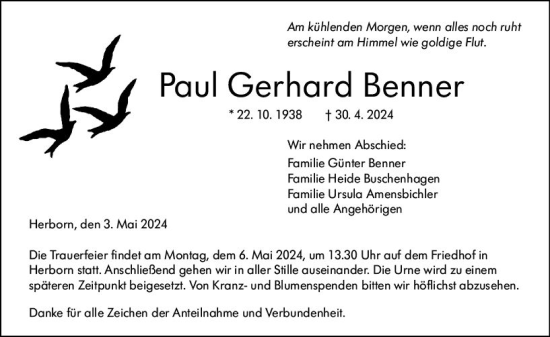 Traueranzeige von Paul Gerhard Benner von Dill Block