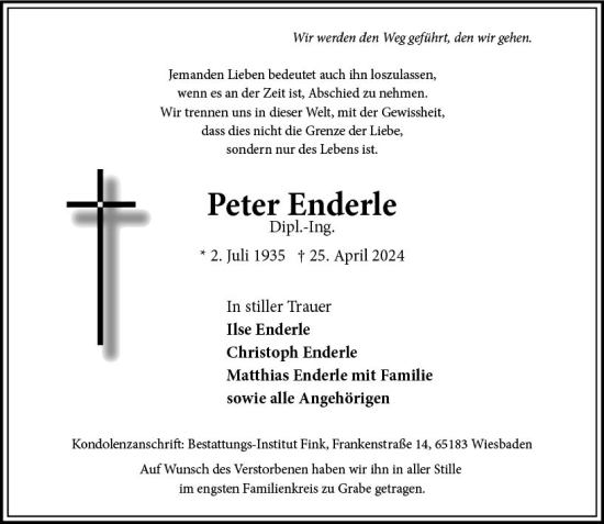 Traueranzeige von Peter Enderle von Wiesbadener Kurier