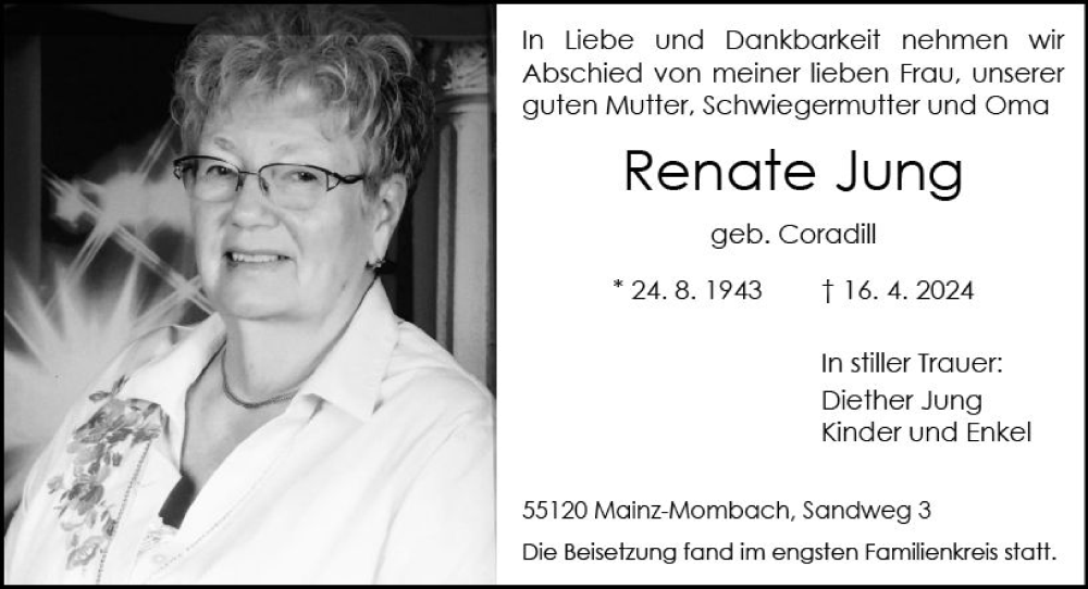  Traueranzeige für Renate Jung vom 18.05.2024 aus Allgemeine Zeitung Mainz