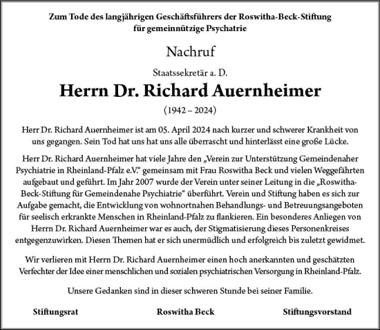 Traueranzeige von Richard Auernheimer von Allgemeine Zeitung Alzey