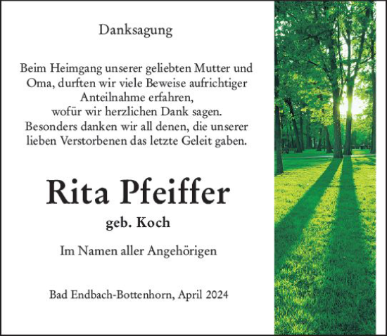 Traueranzeige von Rita Pfeiffer von Hinterländer Anzeiger