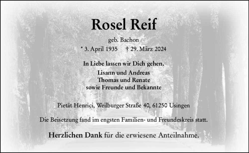  Traueranzeige für Rosel Reif vom 02.05.2024 aus Camberger Anzeiger