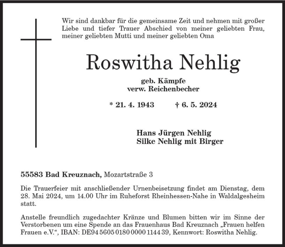  Traueranzeige für Roswitha Nehlig vom 18.05.2024 aus Allgemeine Zeitung Bad Kreuznach