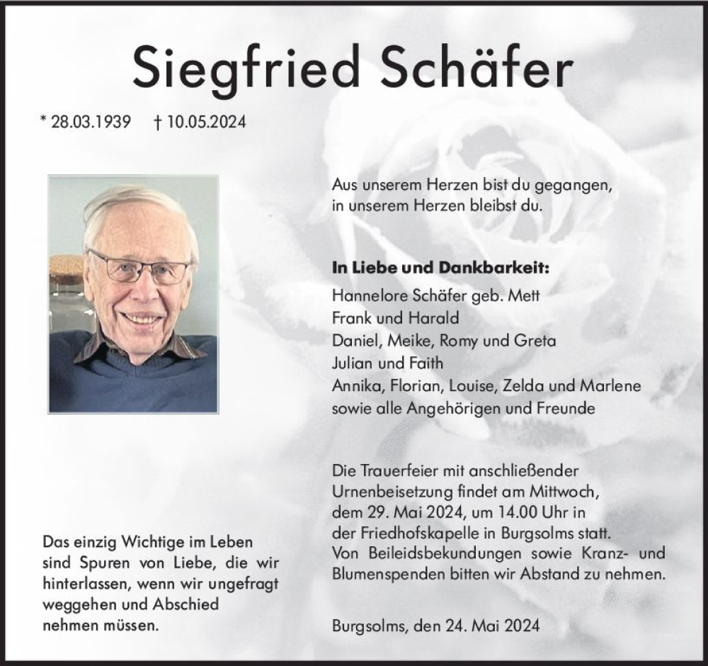  Traueranzeige für Siegfried Schäfer vom 24.05.2024 aus Wetzlarer Neue Zeitung