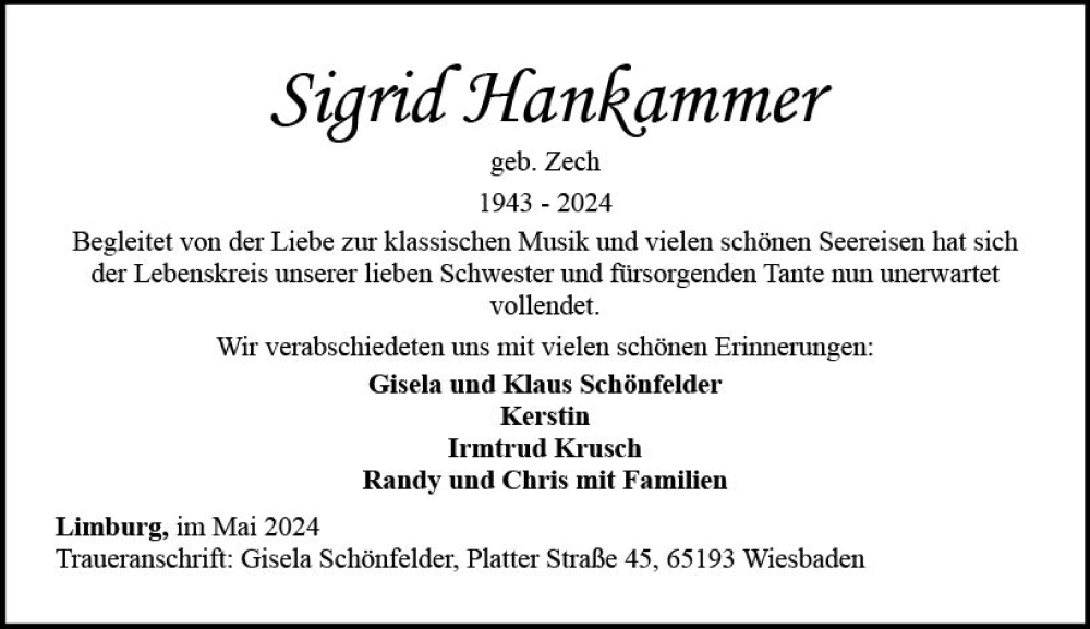  Traueranzeige für Sigrid Hankammer vom 25.05.2024 aus Nassauische Neue Presse