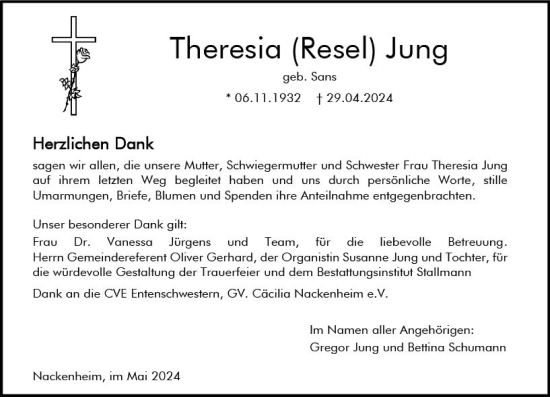 Traueranzeige von Theresia Jung von Allgemeine Zeitung Mainz