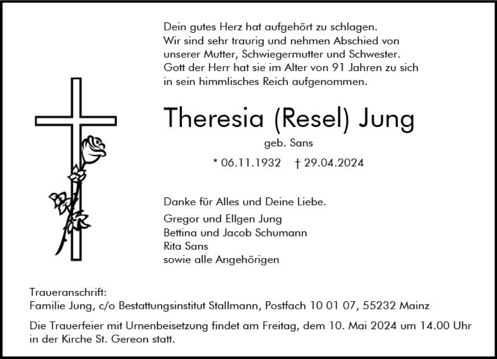  Traueranzeige für Theresia Jung vom 04.05.2024 aus Allgemeine Zeitung Mainz