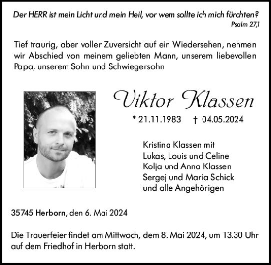 Traueranzeige von Viktor Klassen von Dill Block