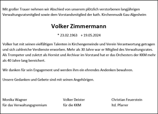 Traueranzeige von Volker Zimmermann von Allgemeine Zeitung Bingen/Ingelheim