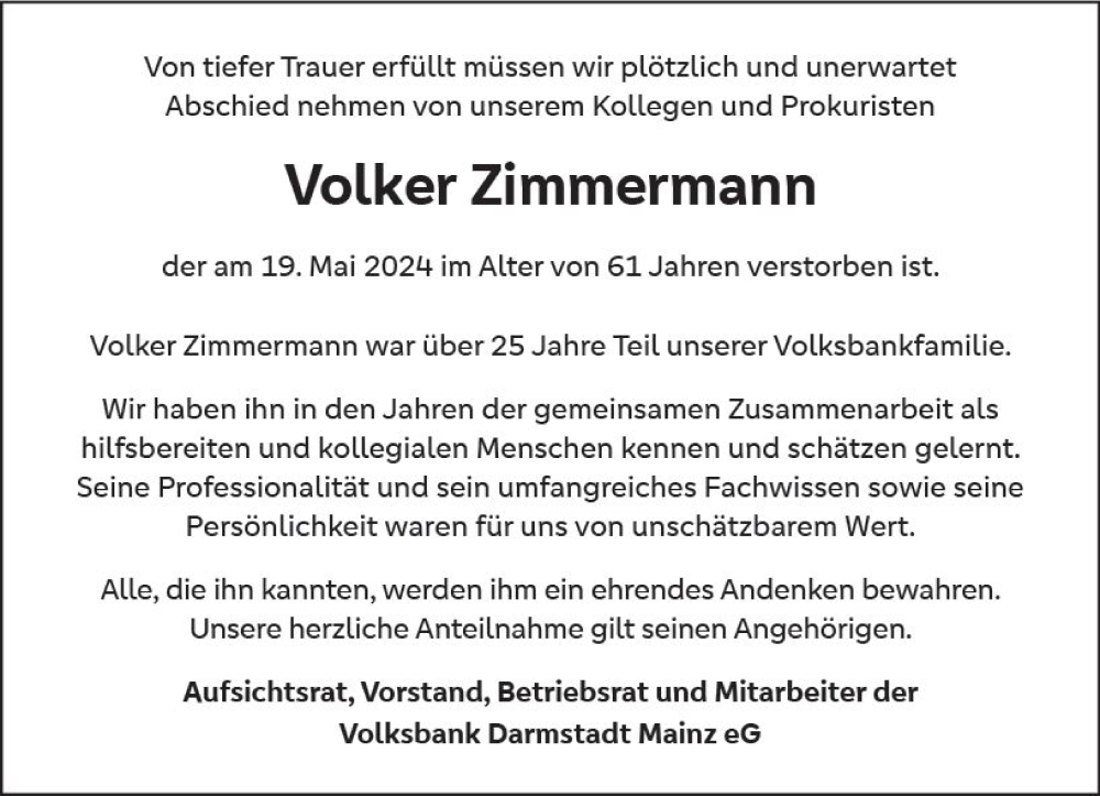  Traueranzeige für Volker Zimmermann vom 25.05.2024 aus Allgemeine Zeitung Mainz