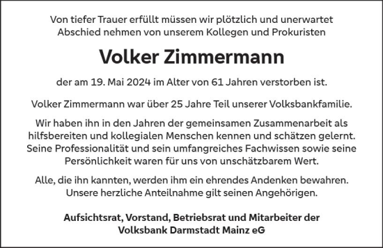 Traueranzeige von Volker Zimmermann von Allgemeine Zeitung Bingen/Ingelheim