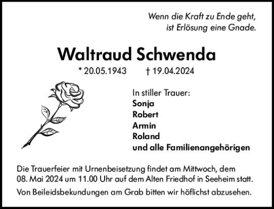 Traueranzeige von Waltraud Schwenda von Darmstädter Echo