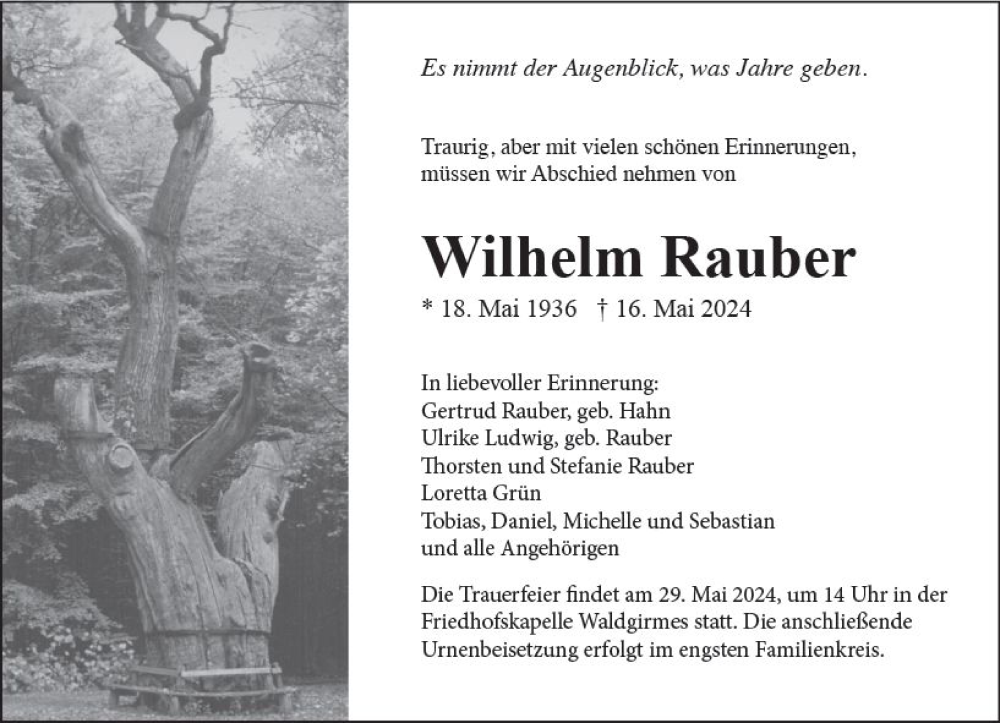  Traueranzeige für Wilhelm Rauber vom 25.05.2024 aus Wetzlarer Neue Zeitung