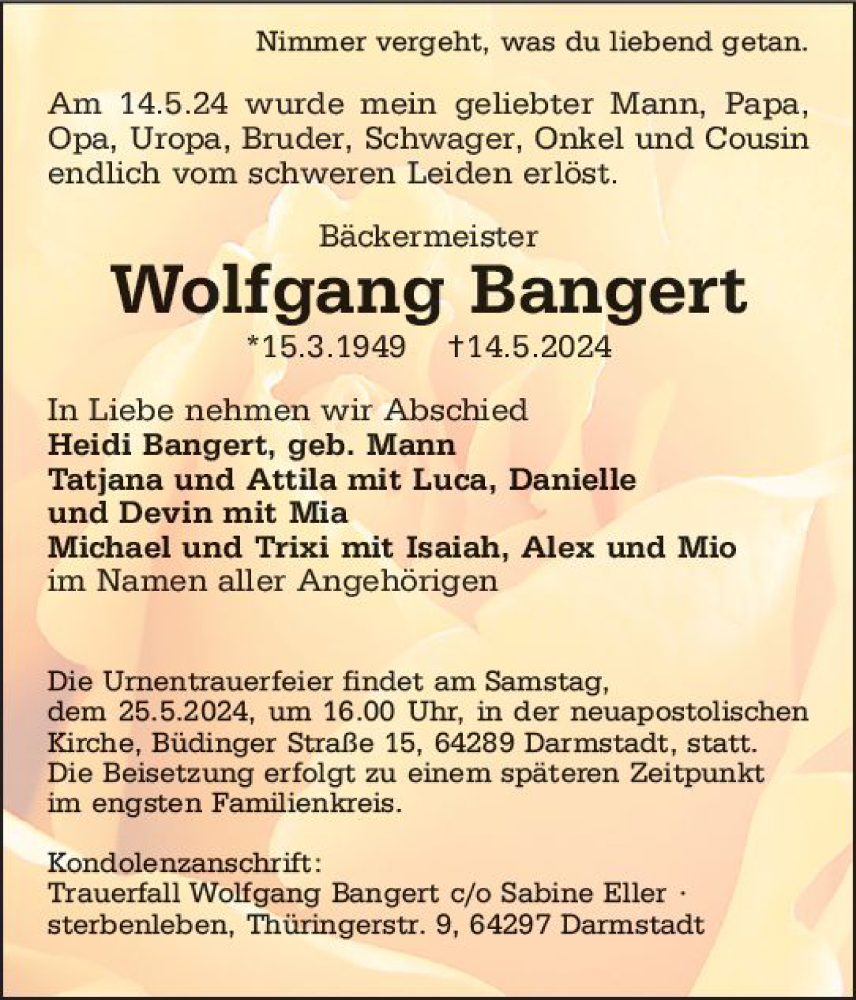  Traueranzeige für Wolfgang Bangert vom 18.05.2024 aus Darmstädter Echo
