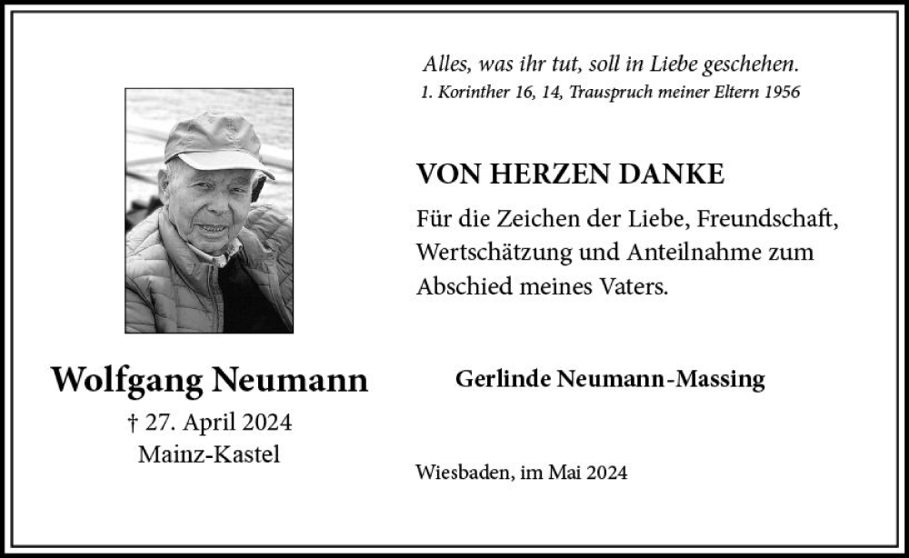  Traueranzeige für Wolfgang Neumann vom 18.05.2024 aus Wiesbadener Kurier