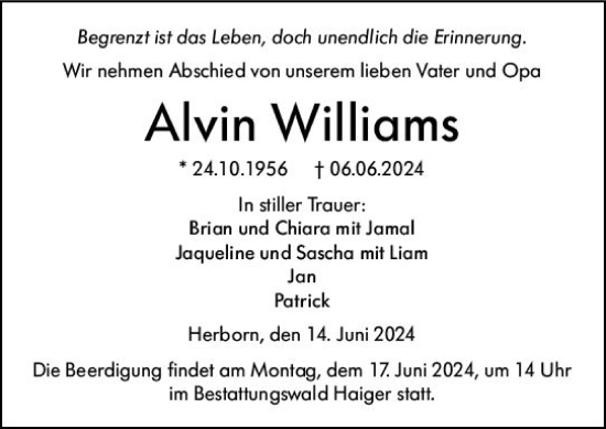 Traueranzeige von Alvin Williams von Dill Block