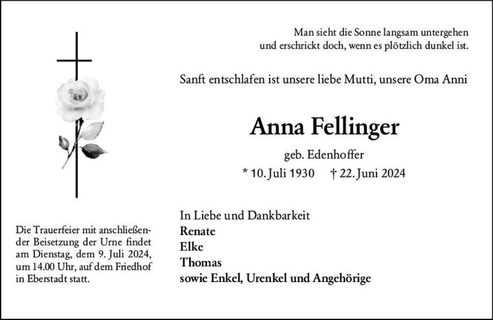  Traueranzeige für Anna Fellinger vom 29.06.2024 aus Darmstädter Echo
