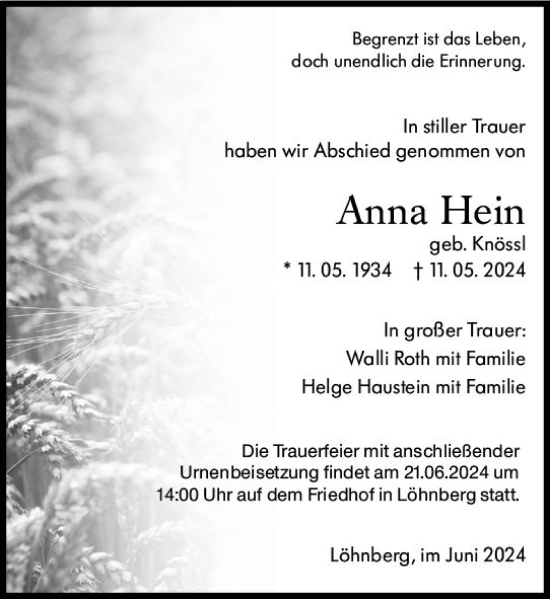 Traueranzeige von Anna Hein von Weilburger Tageblatt