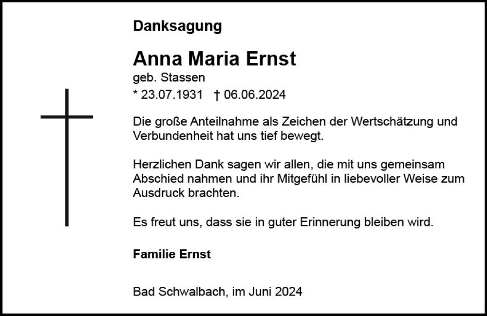  Traueranzeige für Anna Maria Ernst vom 22.06.2024 aus Idsteiner Land/Untertaunus