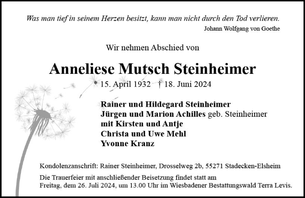  Traueranzeige für Anneliese Mutsch Steinheimer vom 29.06.2024 aus Wiesbadener Kurier