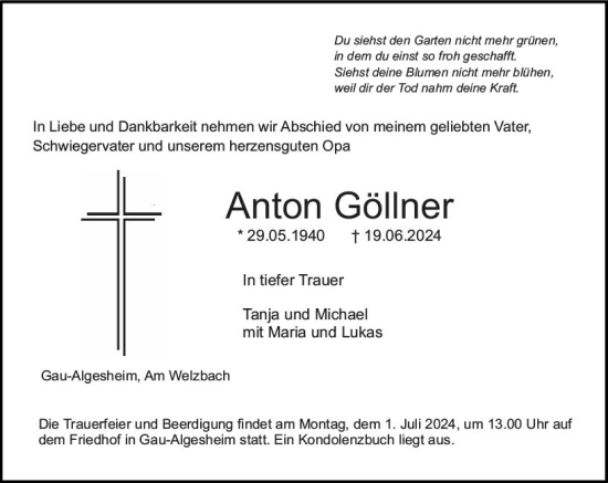 Traueranzeige von Anton Göllner von Allgemeine Zeitung Bingen/Ingelheim