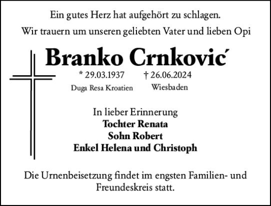 Traueranzeige von Branko Crnkovic von Wiesbadener Kurier